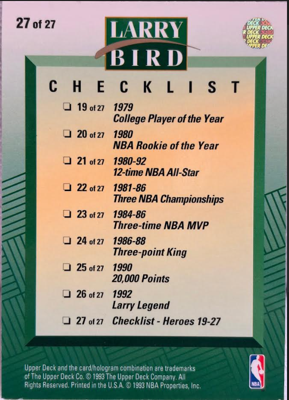 1993 Upper Deck Larry Bird 27 of 27 Checklist
