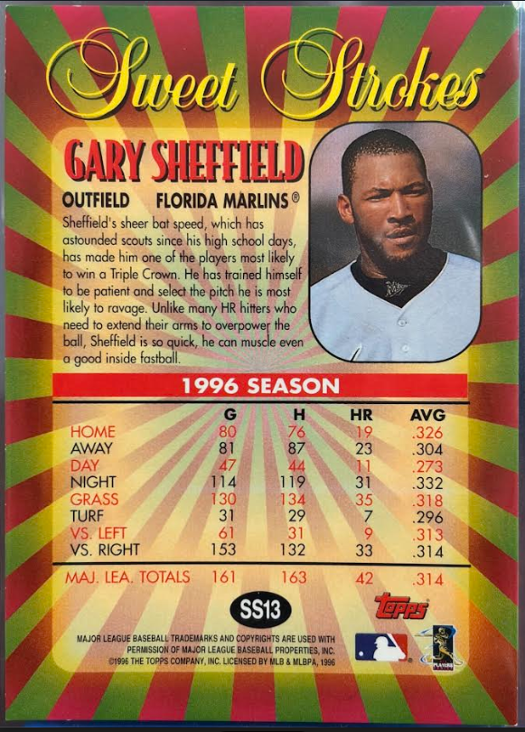 1996 Topps Sweet Strokes SS13 Gary Sheffield Holo Refractor Insert RARE SP