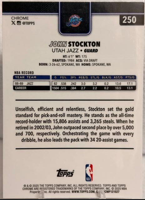 2025 Topps Chrome John Stockton Green Refractor 86/299 #250 Utah Jazz