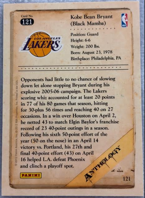 Kobe Bryant Lakers Panini #121 Anthony Gift Basketball Card