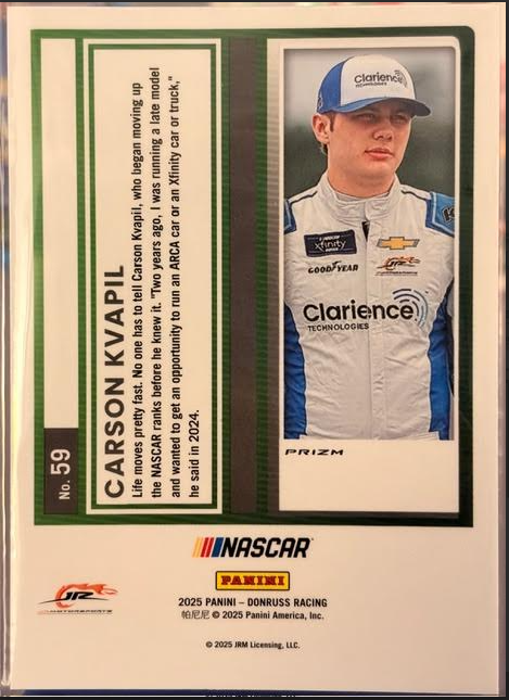 2025 Donruss Racing Carson Kvapil Pedal to the Metal Race Used Relic Lot