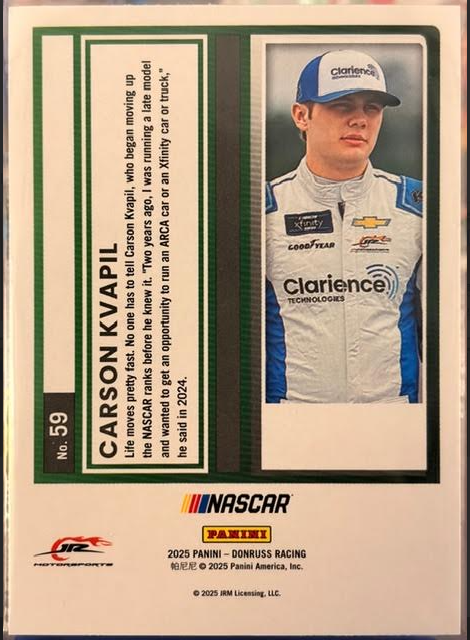 2025 Donruss Racing Carson Kvapil Pedal to the Metal Race Used Relic Lot