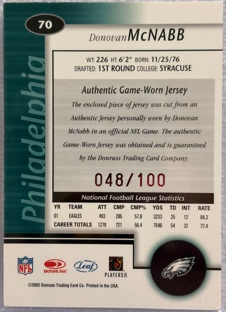 2002 Donruss Donovan McNabb #70, 48/100 Serial Numbered, Game-worn Patch, Philadelphia Eagles