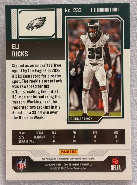 2023 Panini Contenders Eli Ricks Rookie Ticket Auto RC Eagles