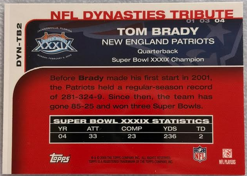 2008 Topps NFL Dynasties Tribute Tom Brady #DYN-TB2 Patriots GOAT Insert